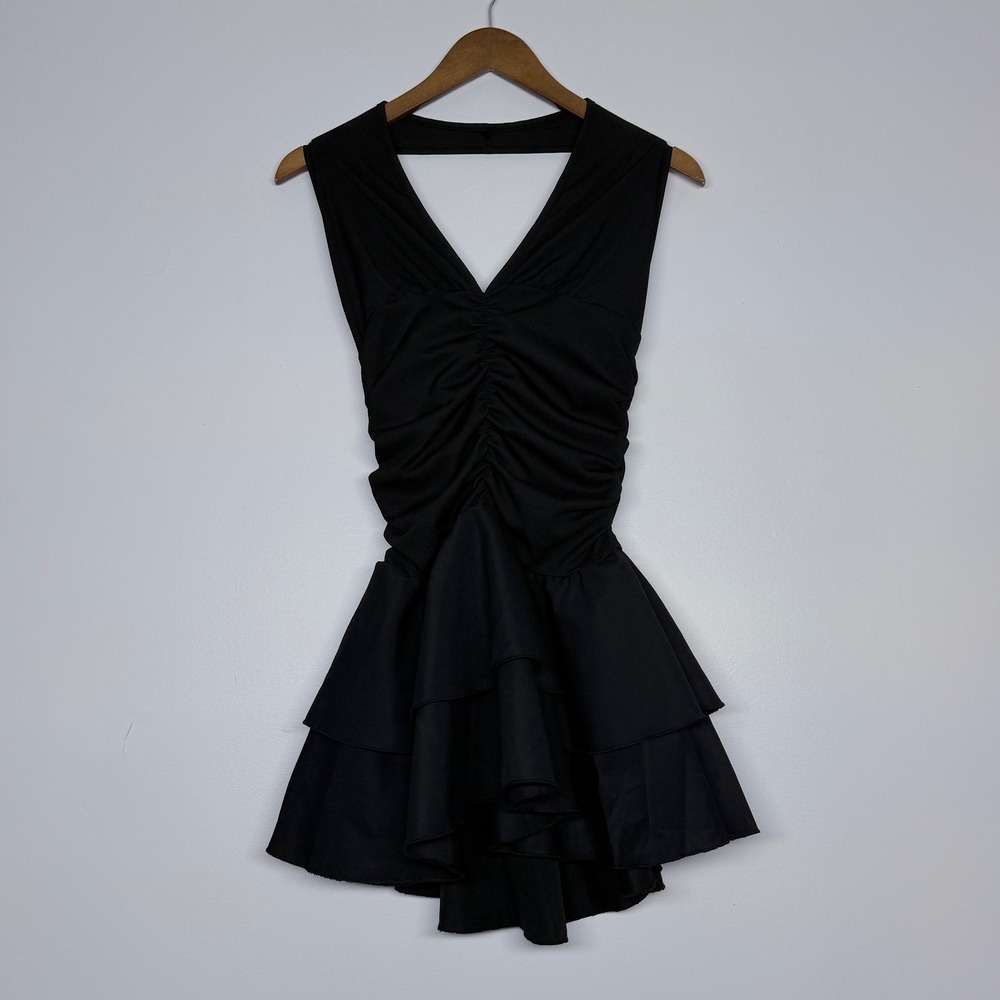 NA-KD Black Ruched Tiered Mini Dress V-Neck Cutout Back Sleeveless Size M